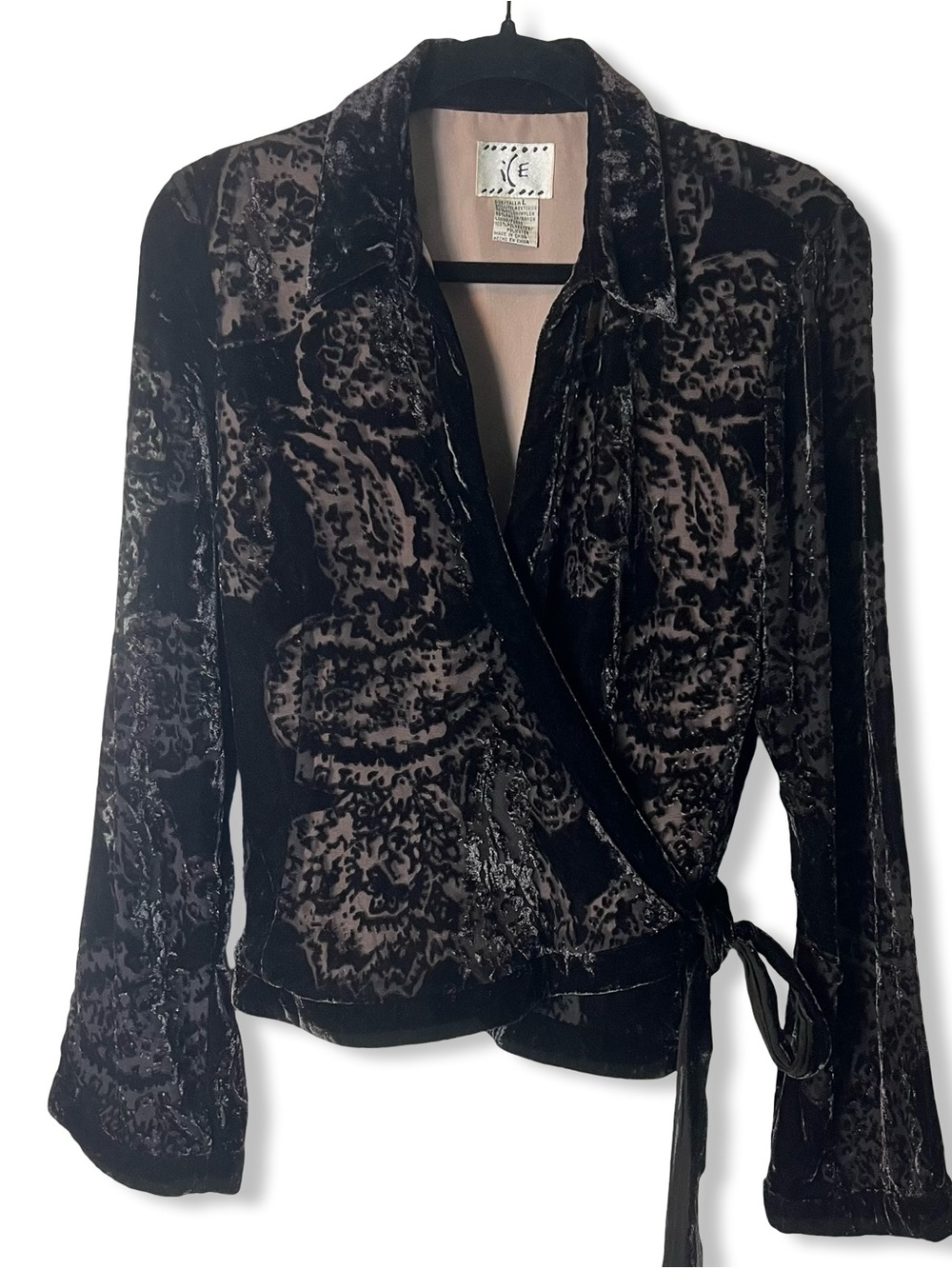 Ice -  Vintage 90s Floral Devore Velvet Burnout Wrap Jacket Black Nude Sz. L